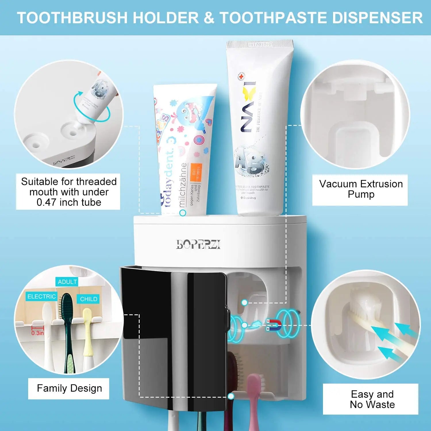 Boperzi  Wall Mount Toothbrush Holder, Automatic Toothpaste Dispenser with Dustproof Cover Pattan Australia